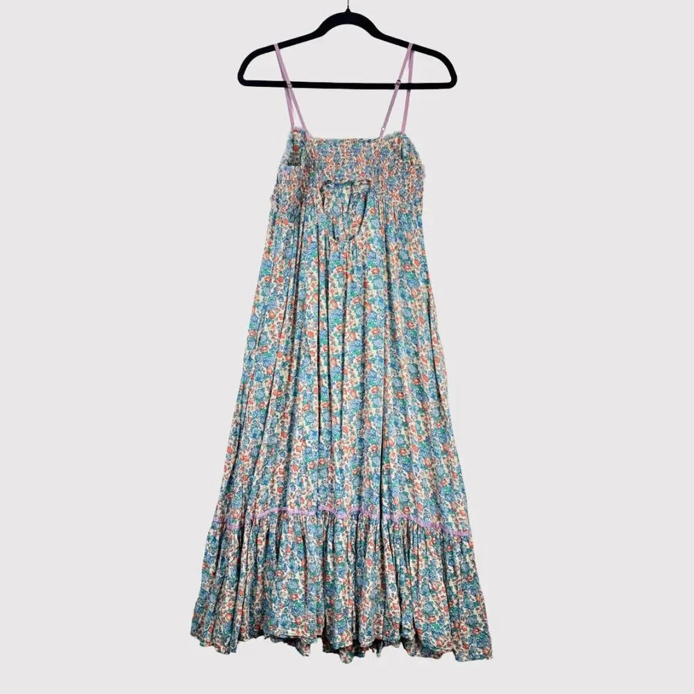 Free People Maxi Dress Blue Molly Jo Floral Button Down Cutout Back Smocked XS